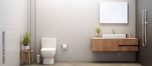 A minimalist bathroom featuring a white tile toilet  a sleek ceramic sink with a faucet  and a mirror above. The space is simple and functional.