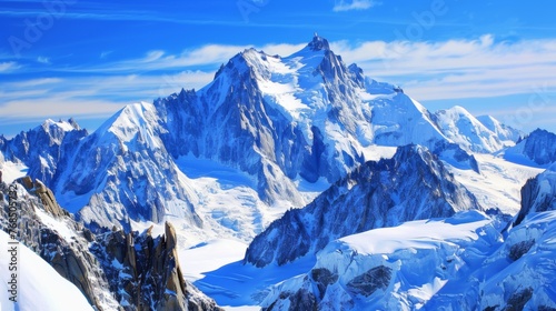 Majestic snow-capped peaks pierce a crisp winter sky in this panoramic Alpine landscape