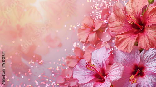 Hawaiian hibiscus flowers with glitter bokeh background. Copy space. © Harry