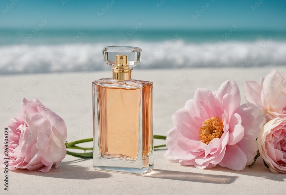 Close up of glass perfume bottle standing on sand with pink flowers. Ocean in background. Selective perfumery and luxury fragrance. Concept of fashion and marketing. Ai generation Close up of glass perfume bottle standing on sand with pink flowers. Ocean in background. Selective perfumery and luxury fragrance. Concept of fashion and marketing. Ai generation