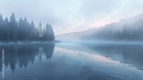 Misty morning on the lake, with soft fog clinging to the water's surface