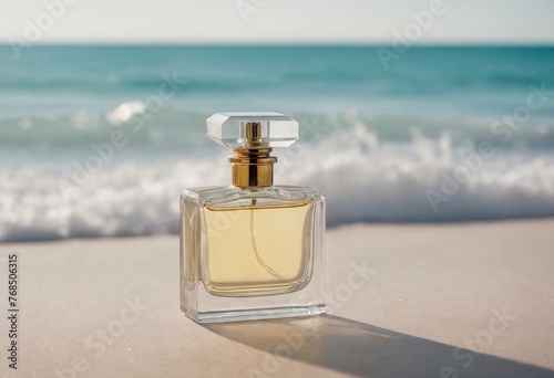 Close up of glass fresh perfume bottle standing on sand. Ocean in background. Selective perfumery and luxury fragrance. Copy space. Concept of fashion and marketing. Generative Ai