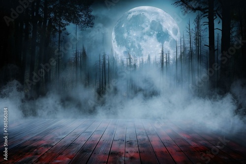 Mysterious dark forest with wooden floor and full moon,  Halloween background
