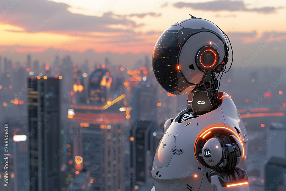 Artificial intelligence, robot thinking about world, looking at the city. Futuristic concept. Artificial intelligence, robot thinking about world, looking at the city. Futuristic concept.