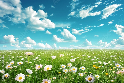 Green meadow with daisies and blue sky with white clouds