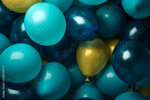 Cluster of Blue and Golden Balloons Creating a Festive Atmosphere for Celebration and Party Decorations
