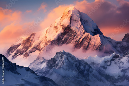 Serene Sunset over Snow-Covered Peaks: A Majestic Display of Nature's Splendor