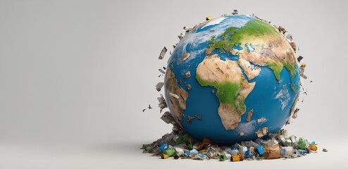 Web banner with the polluted planet earth surrounded garbage. Grey background with copy space. Concept of Earth Day, zero waste and environmental protection. Ai generation