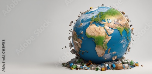 Fototapeta Naklejka Na Ścianę i Meble -  Web banner with the polluted planet earth surrounded garbage. Grey background with copy space. Concept of Earth Day, zero waste and environmental protection. Ai generation