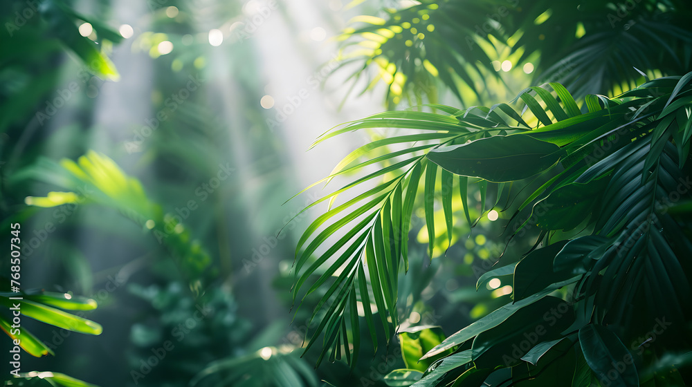 A sunbeam piercing through a dense canopy of tropical leaves in a rainforest. A sunbeam piercing through a dense canopy of tropical leaves in a rainforest.