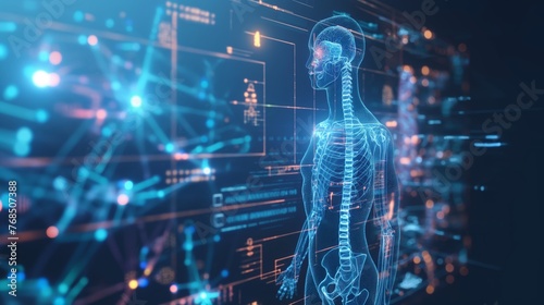 Futuristic depiction of a digital human skeleton with a dynamic interface.