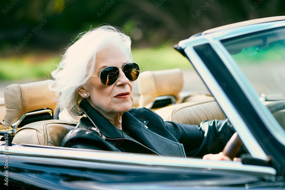 elder woman with sunglasses driving a convertible - obrazy, fototapety, plakaty 