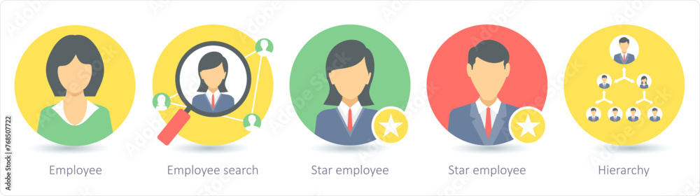 A set of 5 business icons as employee, employee search, star employee A set of 5 business icons as employee, employee search, star employee