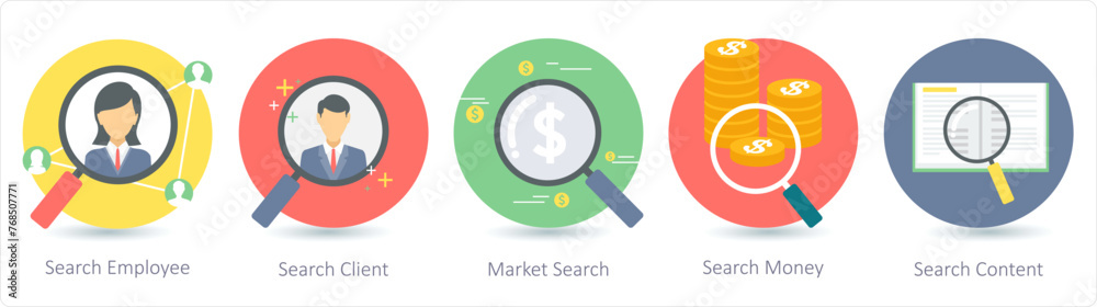 A set of 5 business icons as search employee, search client, market search A set of 5 business icons as search employee, search client, market search