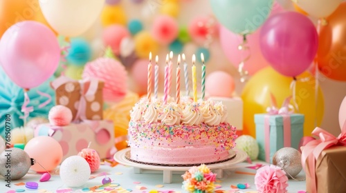A cheerful birthday celebration scene with a pink cake and colorful balloons.