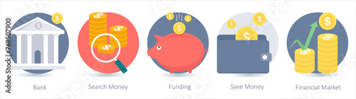 A set of 5 business icons as bank, search money, funding