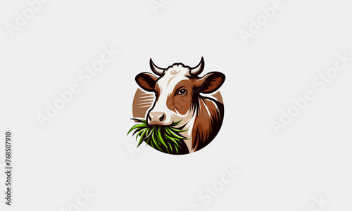 cow eat grass vector illustration logo design