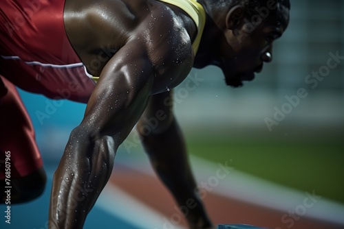 runner at starting block, abs tense in ready position © studioworkstock