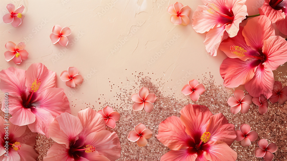 Hawaiian hibiscus flowers with glitter background. Copy space.