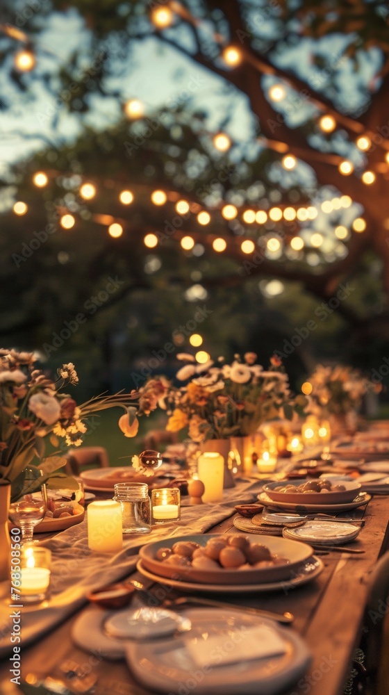 A wooden table topped with plates and candles A wooden table topped with plates and candles