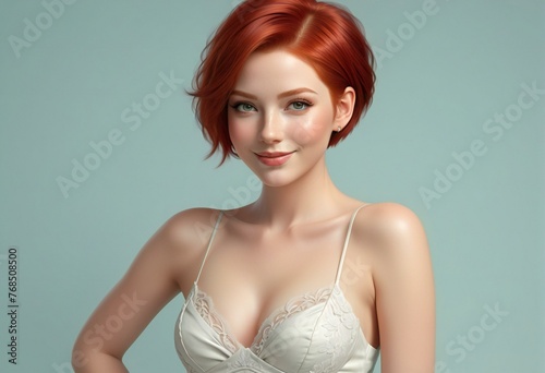 Portrait of a beautiful young woman with red hair in white lingerie