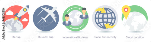 A set of 5 business icons as startup, business trip, international business