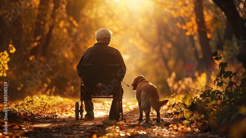 An elderly individual seated on a bench with a loyal dog by their side, both enjoying the quiet beauty of an autumn sunset in the park. Elderly Person and Dog Enjoying Autumn Sunset

