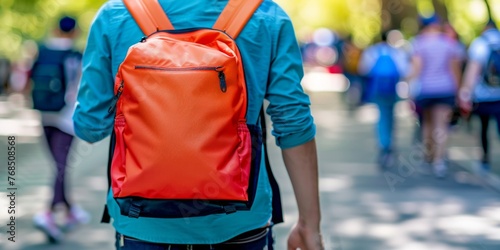 Unidentified person with vibrant orange backpack walking on a busy city street.