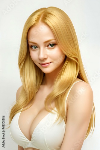 Portrait of a beautiful blond woman with long hair on a white background
