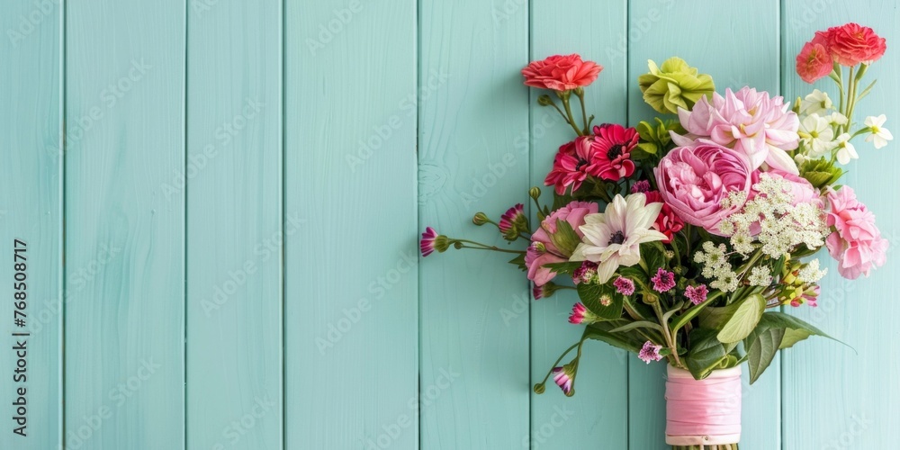 Fototapeta premium Vibrant bouquet of assorted spring flowers against a rustic blue wooden background.
