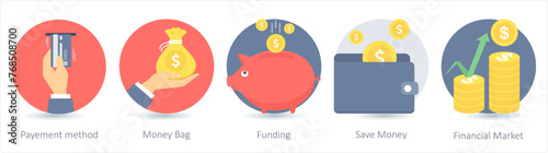 A set of 5 business icons as payment method, money bag, funding