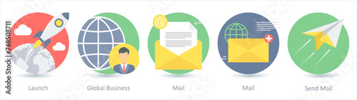 A set of 5 business icons as launch, global business, mail
