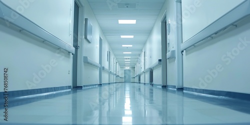 Empty and sterile hospital corridor with bright lighting and blue flooring.
