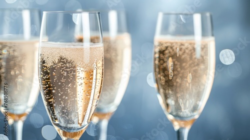 Close-up of champagne glasses with bubbling liquid, celebration and luxury concept.