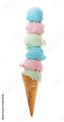 Obraz na płótnie Colorful Ice Cream Cone with lots of scoops, Isolated on transparent background w salonie
