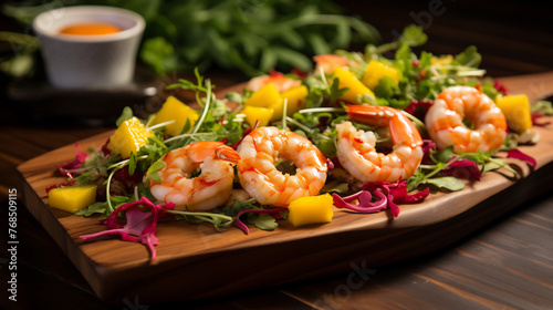 Gourmet Shrimp and Mango Salad Artfully Presented on a Wooden Plate, a Fusion of Fresh Seafood and Tropical Flavors