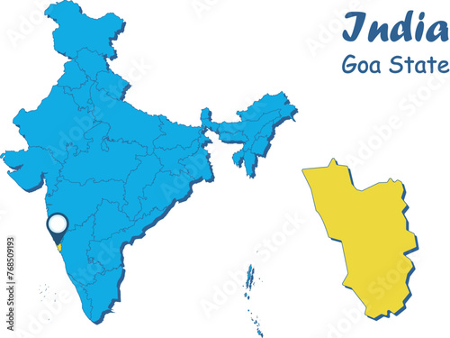 Goa India vector map illustration on white background. Goa District vector map illustration. Goa map of Indian state.