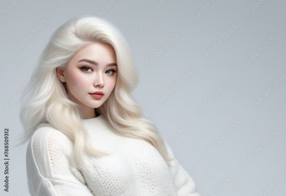 Portrait of a beautiful blonde girl with long hair in a white sweater