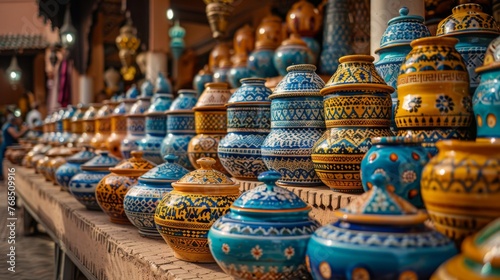 An array of beautifully patterned Moroccan ceramic pottery lined up at a market stall...