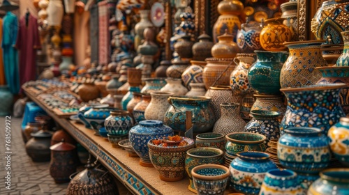 An array of beautifully patterned Moroccan ceramic pottery lined up at a market stall... photo