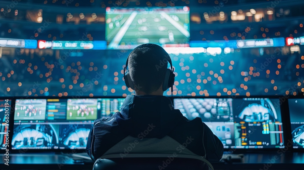 An esports professional intently studies game screens, strategizing for competitive play in an arena filled with digital displays. Professional Esports Gamer Analyzing Game Strategies


