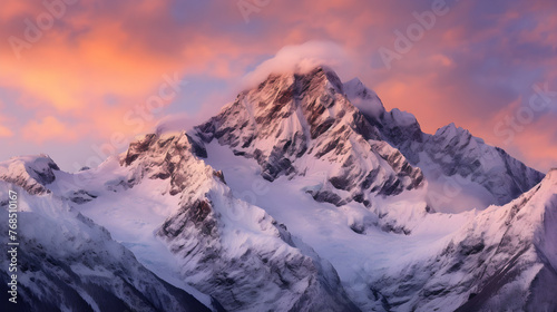 Serene Sunset over Snow-Covered Peaks: A Majestic Display of Nature's Splendor © Marguerite
