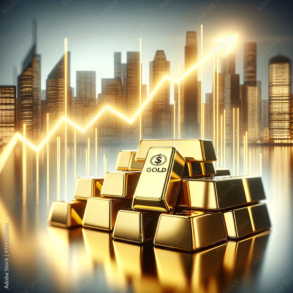 Rising Gold Prices Illustrated with 3D Bars and Cityscape Rising Gold Prices Illustrated with 3D Bars and Cityscape