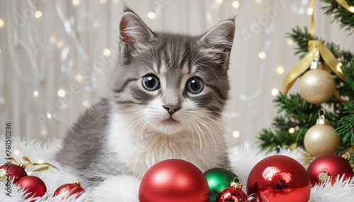 Lovely kitten with funny face surrounded by Christmas ornaments and Christmas balls colorful background