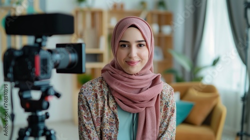 Portrait of beautiful muslim woman wearing hijab recording a podcast video for her channel.