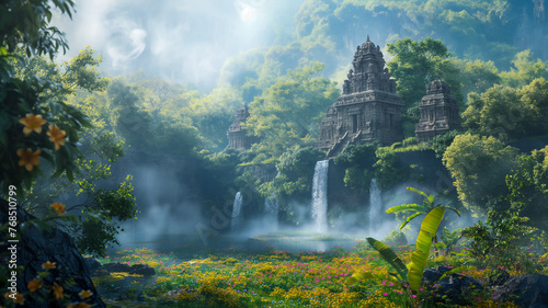 Illustration of South Asian tropical dreamy landscape of ancient Hindu temple in the forest, Generative AI image.	