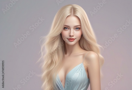 Beautiful blond girl with long curly hair, Portrait of a beautiful young woman with bright makeup