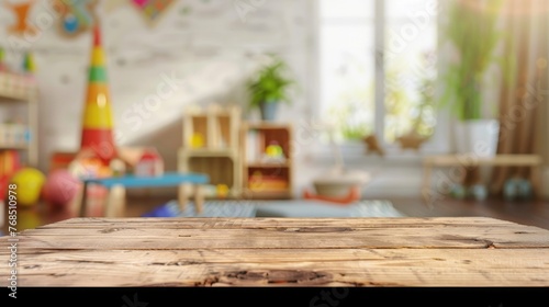 Empty wooden table desk over blurred of children room with kid toys interior background photo