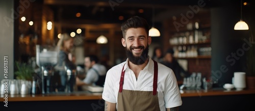 A bearded man in a uniform is standing in front of a bar, possibly ready to greet customers or serve drinks. There is a sense of hospitality and service in the atmosphere. photo