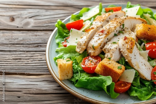 Caesar salad with chicken fillet, tomatoes, croutons and parmesan in a plate on a rustic wooden background, close up